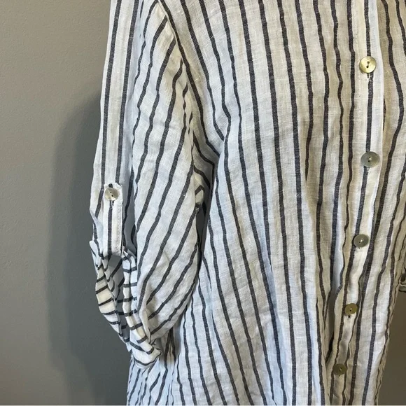 Striped Linen Button-Up Shirt - White & Blue - Picture 4 of 7